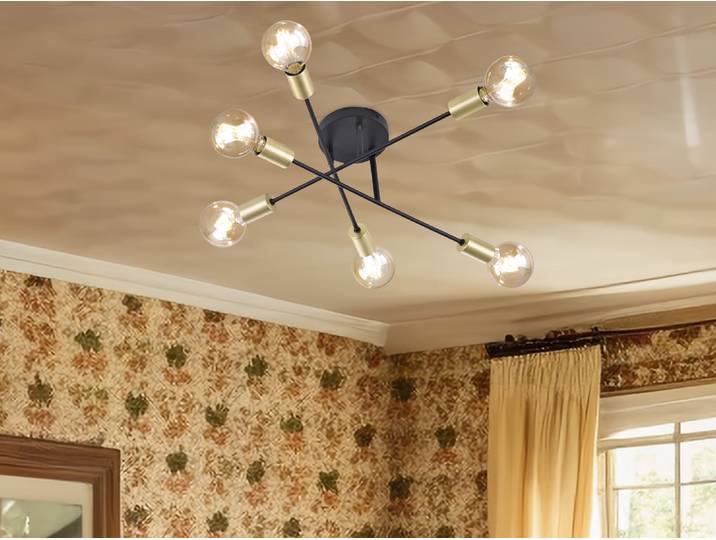 Trio Leuchten - Modern Industriedeckenlampe schwarz mit Messing 6 Leuchten - Sydney Wohnzimmer Schlafzimmer Küche - Stahl Andere - LED geeignet E27