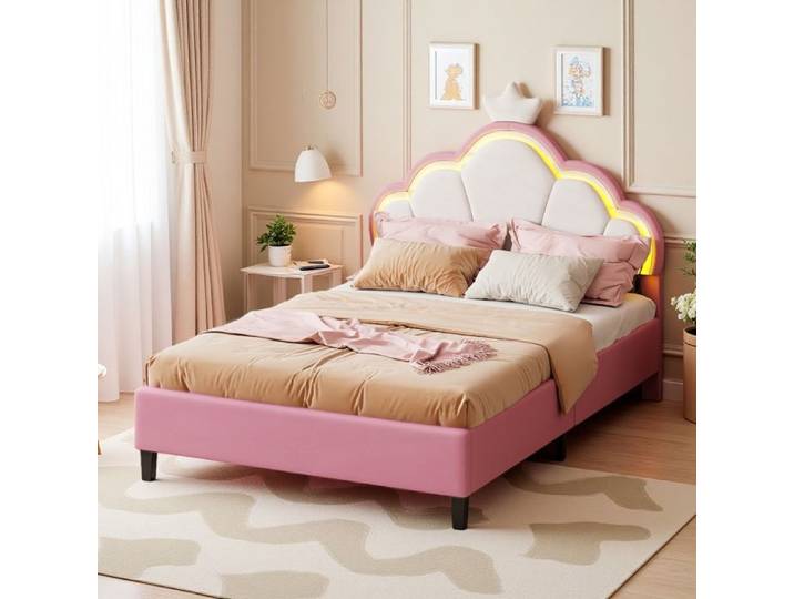 Lit 140x200 cm - structure de Lit - RWUDV - LED - lit double - lit enfant - sommier à lattes - lit 2 place - Velours rose