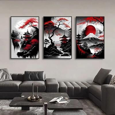 Uplift Picks Japanese Wall Art Set Vintage Landscape Canvas Prints In Black And Red Oriental Decor 3 Pcs 30x45 Cm