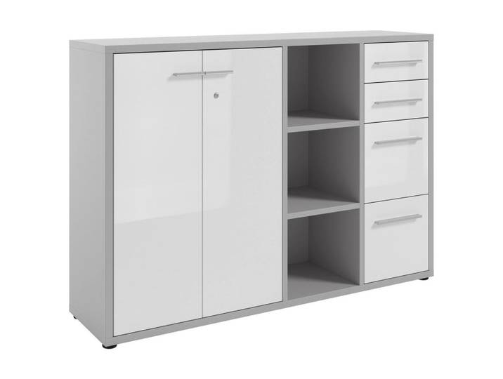 Novel Sideboard Texas, Weiß, Hellgrau, Kunststoff, 2 Fächer, 4 Schublade(n) Schubladen, 154.9x110x40 cm, stehend, Wohnzimmer, Kommoden & Sideboards, Sideboards