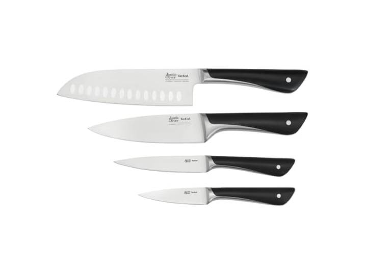 Tefal Jamie Oliver 4-teiliges Messerset, Kochmesser, Santokumesser, Universalmesser, Schälmesser, unverwechselbares Design, eisgehärtet, widerstandsfähige Klingen, Edelstahl/Schwarz, K267S4