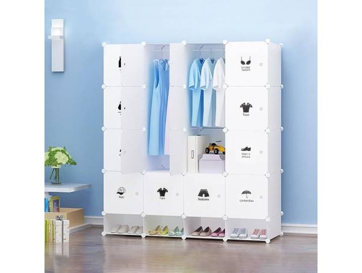 Armoire modulable 16 cubes + 4 cubes chaussures en plastique blanc - Meuble de chambre
