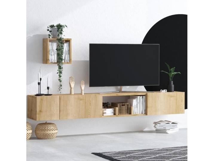 BERGEN - Meuble TV avec rangements imitation chêne clair