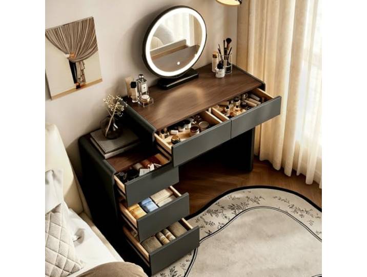 MJKCBD 100cm Schminktisch mit Spiegel, 40cm Verschiebbarer Schrank Schwarz Frisiertisch mit Holzmaserung, Großer Kosmetiktisch mit 5 Schubladen, Einfach zu Montieren für Mädchen