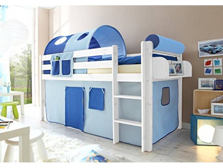 TiCAA Hochbett Spielbett Malte Kiefer massiv Weiss, Vorhangstoff:Hellblau Dunkelblau