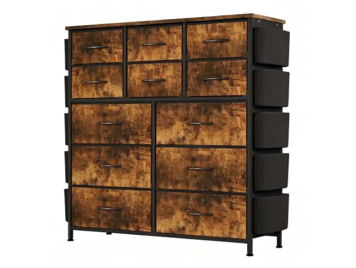 GarveeHome Flurkommode 12 Schubladen Metall Holzoberfläche Tiger Seitentaschen, Haken, Industrie-Stil, Stofffächer, Schlafzimmer