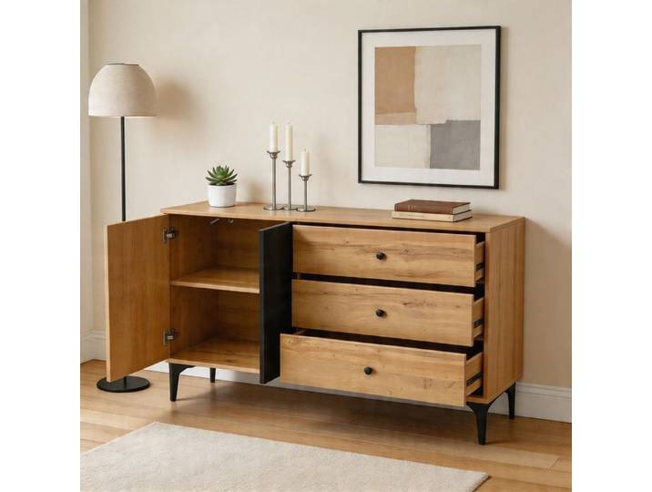 Buffet - 120 x 35 x 76 cm - Noir & naturel - Panneaux de particules - Style scandinave