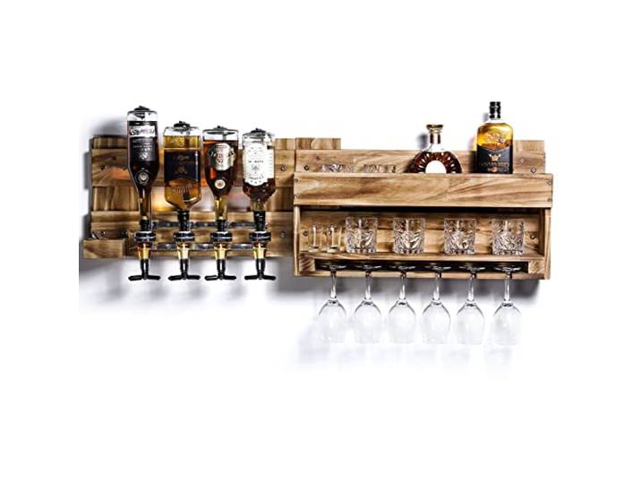 Yorbay Weinregal Palette Geflammt Holz: Wandbar mit 4 Getränkespendern Vintage Wand Flaschenhalter mit 6 Glashaltern - Weinaufbewahrung für Bar Küche Esszimmer (Regulär ohne LED)