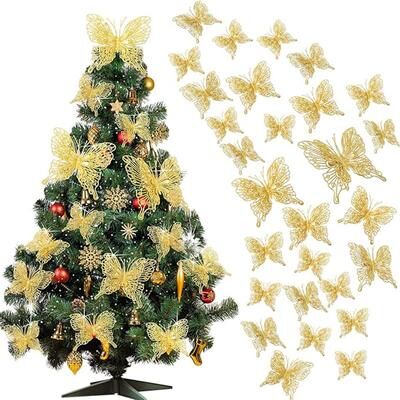 Discount Dollar Deals Glitter Hollow Butterfly Decor, Christmas Tree Butterfly, Tree Hanging Decor Home, New Year Navidad Decoration red 8.5cm