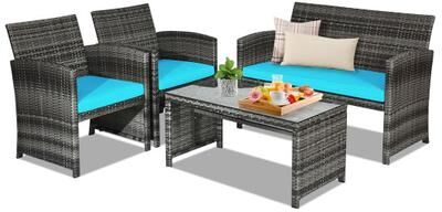 Costway 4 Pieces Patio Rattan Furniture Set with Cushions-Turquoise