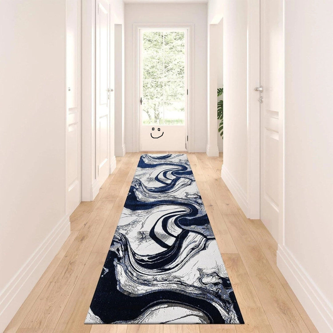 Brayden Studio Abstract Flokati Area Rug Blue Runner 60 x 300 cm