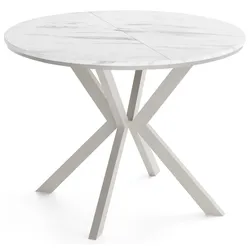 ESSTISCH Valeo Neo – Rund, Ausziehbar, mit Umrandung – Kaschmirfarbene Metallbeine – Moderner Stil – Weißer Marmor 100-140/100/76 cm
