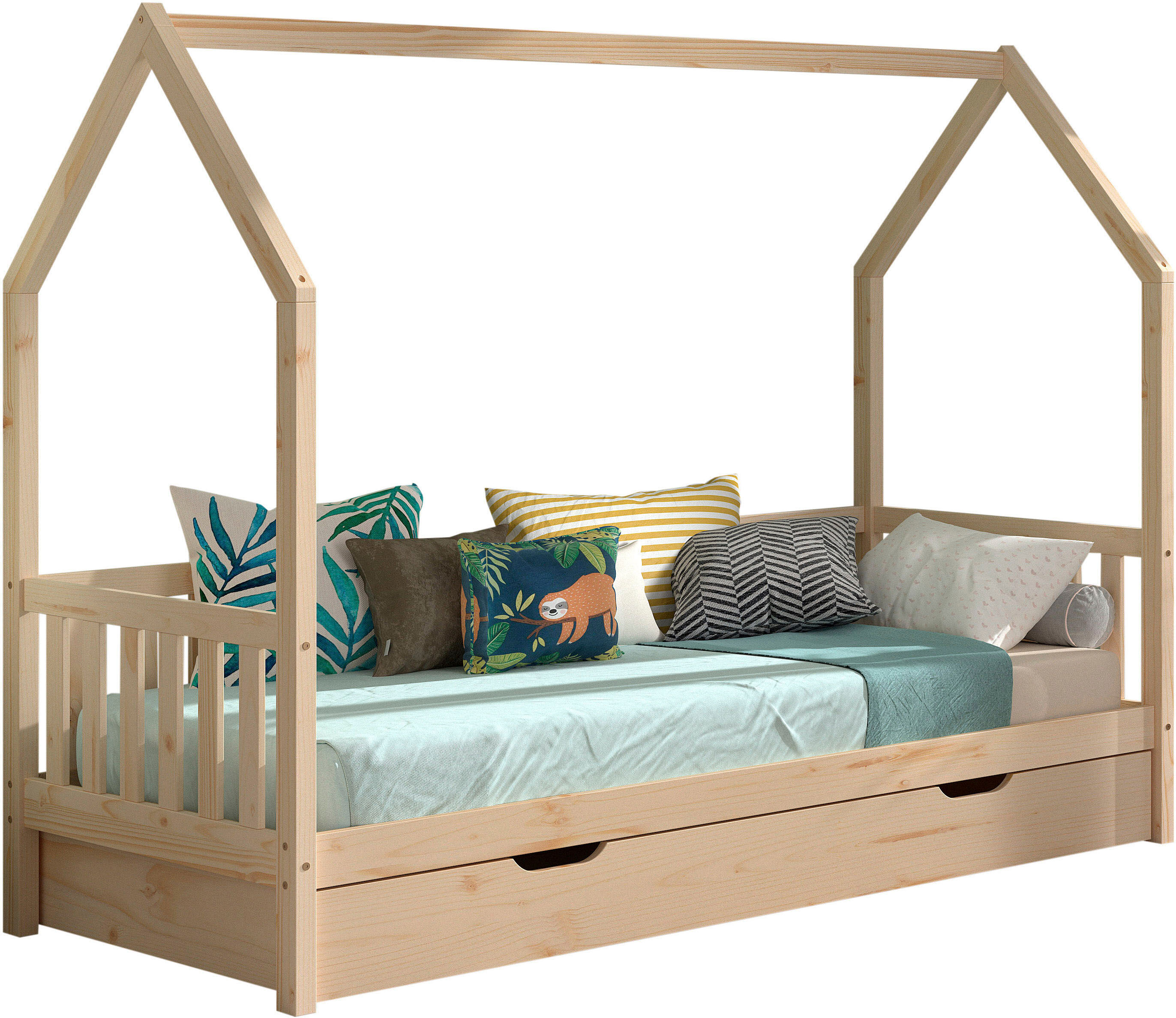 Hausbett VIPACK "Cabane, mit Dachaufbau, Bettschublade auf Rollen u. Sprossenumrandung", beige (natur, natur, natur), B:98cm H:169cm L:208cm, Betten, Hausbett, sehr stabil und standfest gebaut inkl. Massivholz Rolllattenrost