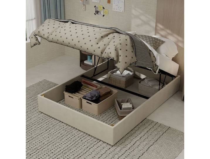 Lit coffre - SOGEU - Lit Coffre 140x200cm - Velours beige - Grand rangement - Sans tête de lit