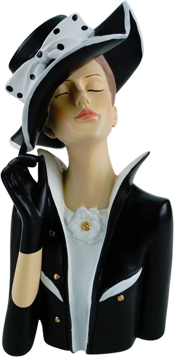 Omgoods Handbeschilderde Vrouwenbuste Decoratief Figuur - Wit-zwart - Hoogte: 28 cm
