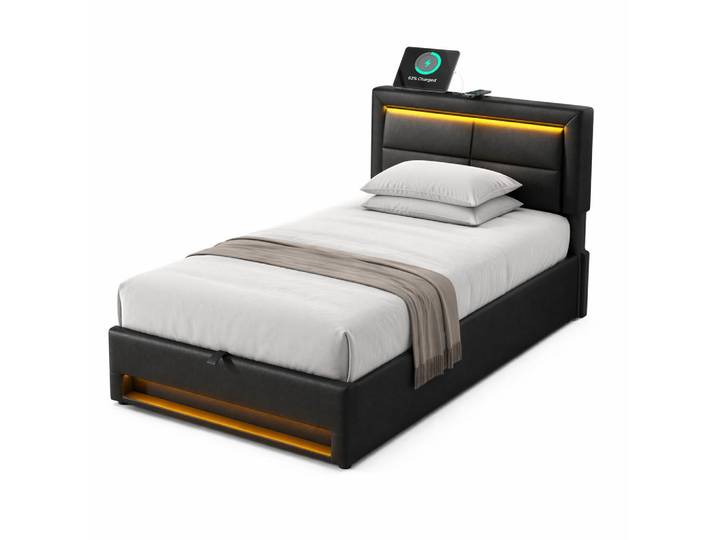 Evryae Polsterbett 90/200 mit USB-Anschluss, LED-Beleuchtung, Stauraum und PU-Litschi-Muster in Schwarz, 1-Zonen, 90x200 cm, Schlafzimmer, Betten, Polsterbetten