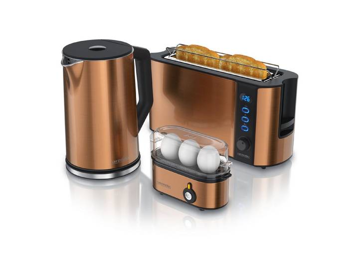 Arendo Frühstücks-Set Wasserkocher 1,5l, 2-Scheiben Toaster, 3er Eierkocher, Kupfer (3-tlg), Edelstahl, BPA-frei, GS-geprüfte Sicherheit, fürs Familienfrühstück