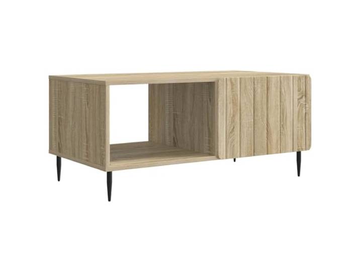Couchtisch Sonoma Eiche 90 x 50 x 40 cm Engineering Holz Rechteckige Tischplatte, Aufbewahrungsbox unter der Tischplatte, Metallbeine, schwarze Oberfläche, einfache Wartung