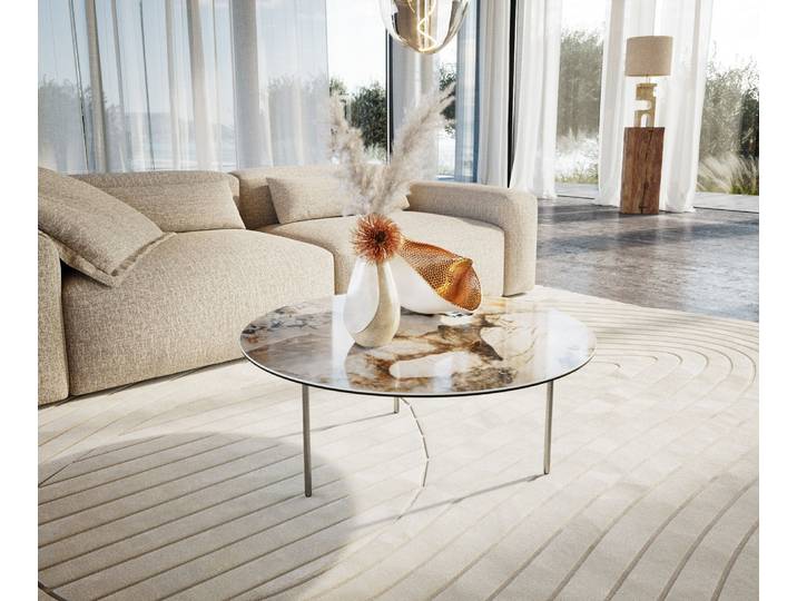 DELIFE Couchtisch Edge Rund 90x90 cm Keramik Patagonia Poliert Trive Edelstahl gebürstet, Couchtische
