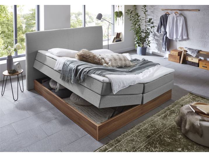 Boxspringbett HOME AFFAIRE Blomen , grau (hellgrau), B:162cm L:224cm, Komplettbetten, Boxspringbett, mit Walnuss-Dekor, mit Bettkasten, verschiedene Härtegrade, mit Topper