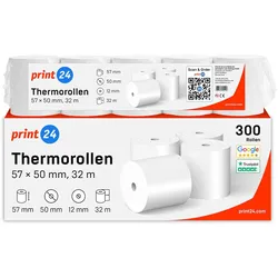 print24 Thermorollen / Kassenrollen, 300 Rollen, 57mm x 50mm x 12mm, 32m, PEFC zertifiziert, Für EPSON, IBM, u.v.m.