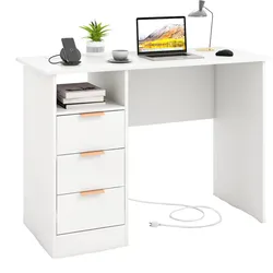 COSTWAY Schreibtisch mit 3 Schubladen & Ladestation, kleiner Computertisch, Kinderschreibtisch