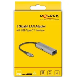 Delock Delock USB Type-C Netzwerk Adapter 5 Gigabit LAN 1 x RJ45 mit Power Delivery PD 3.1 140 Watt (USB-C, RJ45 5 Gigabit Ethernet (1x)), Netzwerk Adapter, Grau