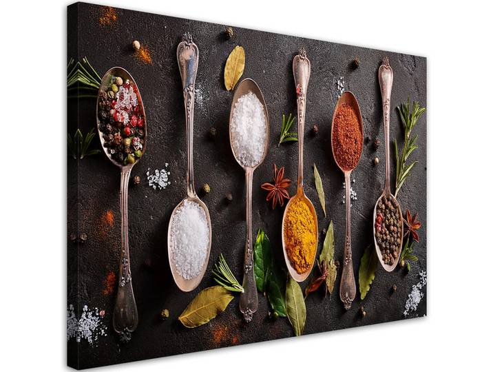 Feeby Wandbild gewürze kräuter besteck, Mehrfarbig, Essen/Getränk, Rechteckig, 90x60 cm, Bilder & Rahmen, Bilder, Leinwandbilder
