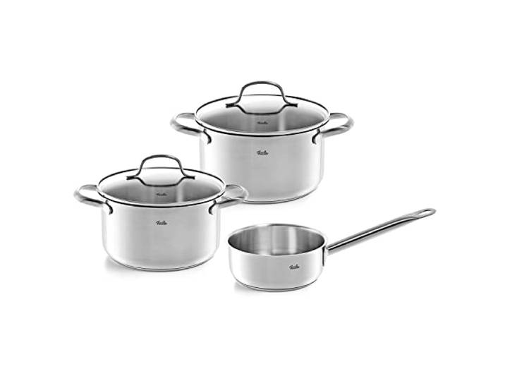 Fissler San Francisco/Edelstahl-Topfset, 3-teilig, Kochtopf-Set, Töpfe mit Glas-Deckel, Induktion (2 Kochtöpfe, 1 Stielkasserolle) – Induktion
