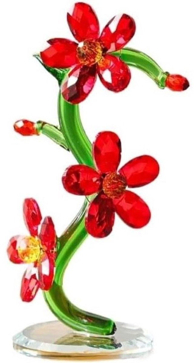 Kristallen Driebloem Figuur - Rode Glazen Bloemen Decoratie voor op Tafel