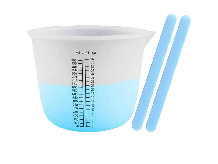 Messbecher Set 2-teilig Silikon 1000 ml mit Rührstäbchen, Blau, Kunststoff, Backen & Backzubehör, Messbecher