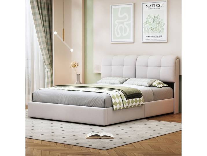 Lit coffre 160×200 cm - ADWOLT - LED - tissu en velours - lit double 160x200cm - beige