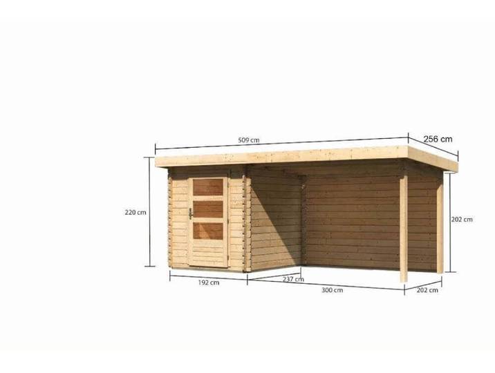 Blockbohlenhaus Bastrup 8 naturbelassen im Set mit Anbaudach 3 m breit, 28 mm Rückwand