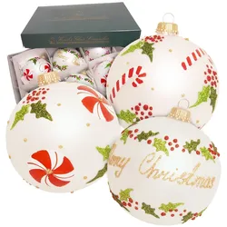 Krebs Glas Lauscha Kugeln Merry Christmas, Silber Satin, 8cm