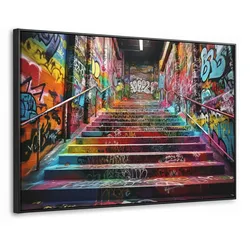 LEINWAND Bilder mit Rahmen - Treppe - Graffiti - Farben - Kunst - 120x80