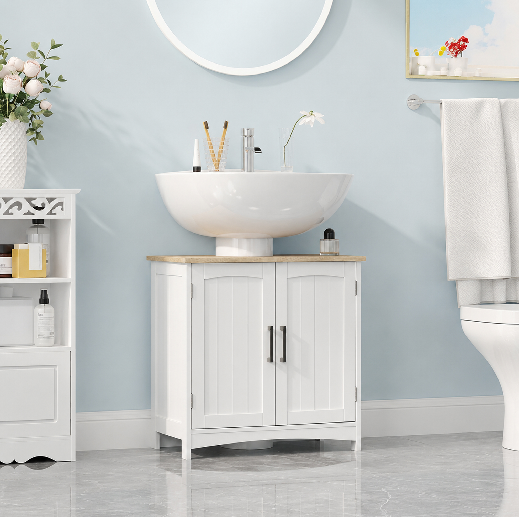 Kleankin Mobile Sotto Lavabo Bagno con 2 Ante e Ripiano Regolabile, 60x33x60cm, Legno e Bianco   Aosom Italy