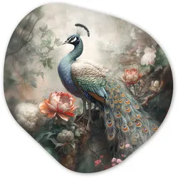 WANDBILD Pfau - Pfauenfedern - Vogel - Dschungel - Blumen Wandbild 60x60 cm