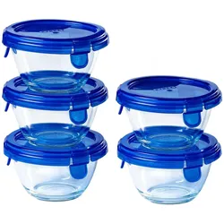 Tefal & Go Ronde Schaal Met Deksel - Set van 5 Stuks - Blauw - Pyrex, Vorratsbehälter, Blau, Transparent