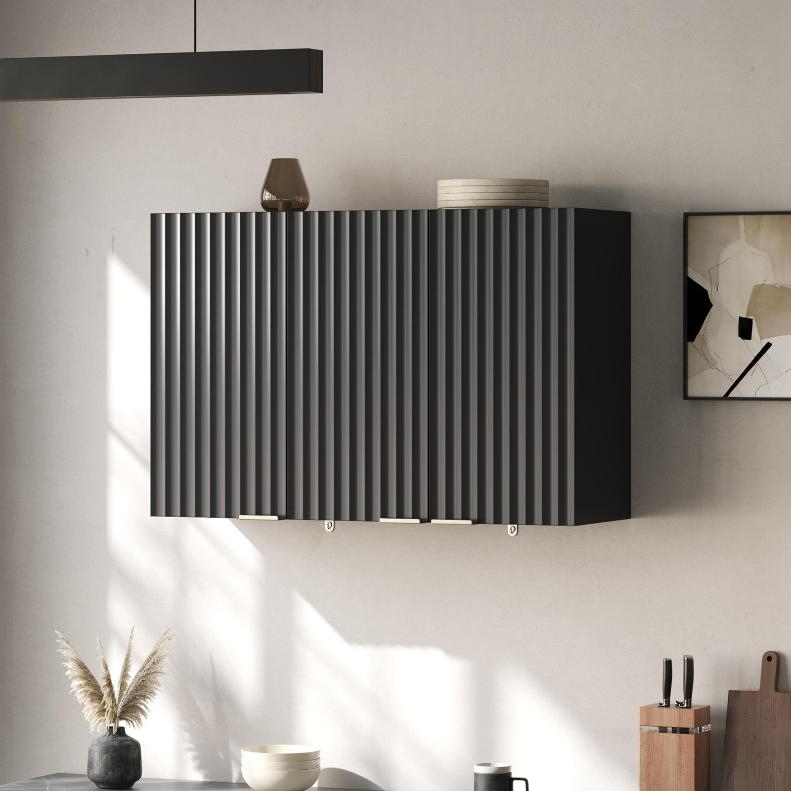 MODFU Wandkast met 3 deuren en golfvormige lamellen, zwarte moderne hangkast voor keuken of woonkamer