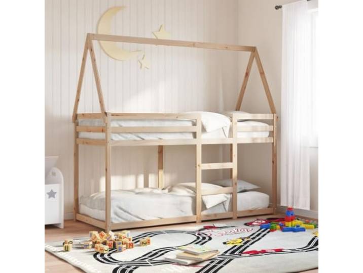RJPLMFV Etagenbett, Massivholz, 80 x 200 cm, ohne Matratze Massives Kiefernholz, zwei Betten, Sicherheitsgeländer, Dach mit Seitentür, Latten