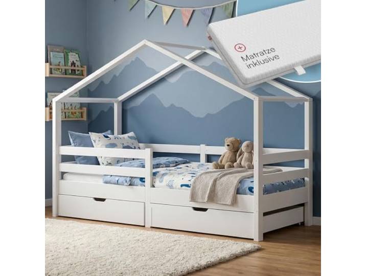 Bellabino Abia Hausbett 90x200 cm, Weiß, Matratze, 2 Schubladen, Massivholz Montessori Kinderbett mit Rausfallschutz & Lattenrost, für Jungen & Mädchen, Holzbett, Kinderbettgestell, Kinderzimmermöbel