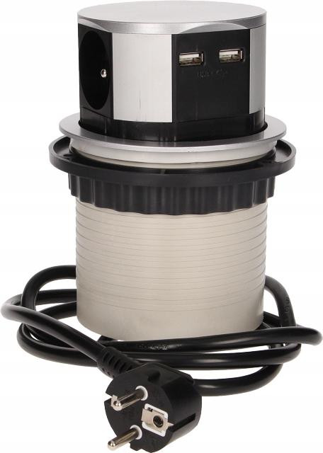 ORNO Stopcontact voor meubels met USB-oplaadfunctie en automatisch uitschuifmechanisme, Zilver, 1,5 meter