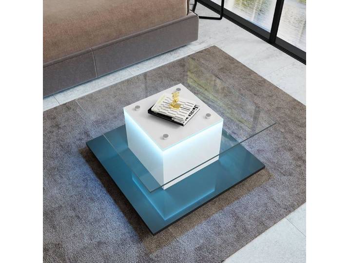 Table Basse LED Moderne Plateau en Verre Table Basse Mobile avec Roulettes Pivotantes Table de Salon Carrée 80x80x40cm
