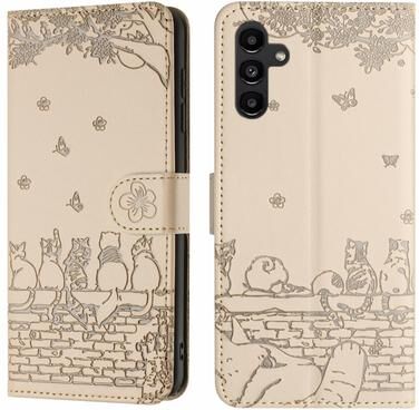 Inspired Deals Cute Cat Embossed Wallet Phone Case For Samsung Galaxy With Card Holder And Lanyard For Samsung Galaxy A15 beige