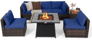 Costway 7 Pieces Patio Furniture Set with 35 Inches 50000 BTU Propane Gas Fire Pit Table and Waterproof Cover for Firpit-Navy