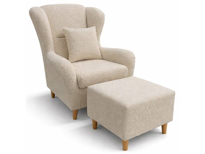 Ohrensessel Teddlo mit Fußhocker, beige Chenille, Buchenholzbeine