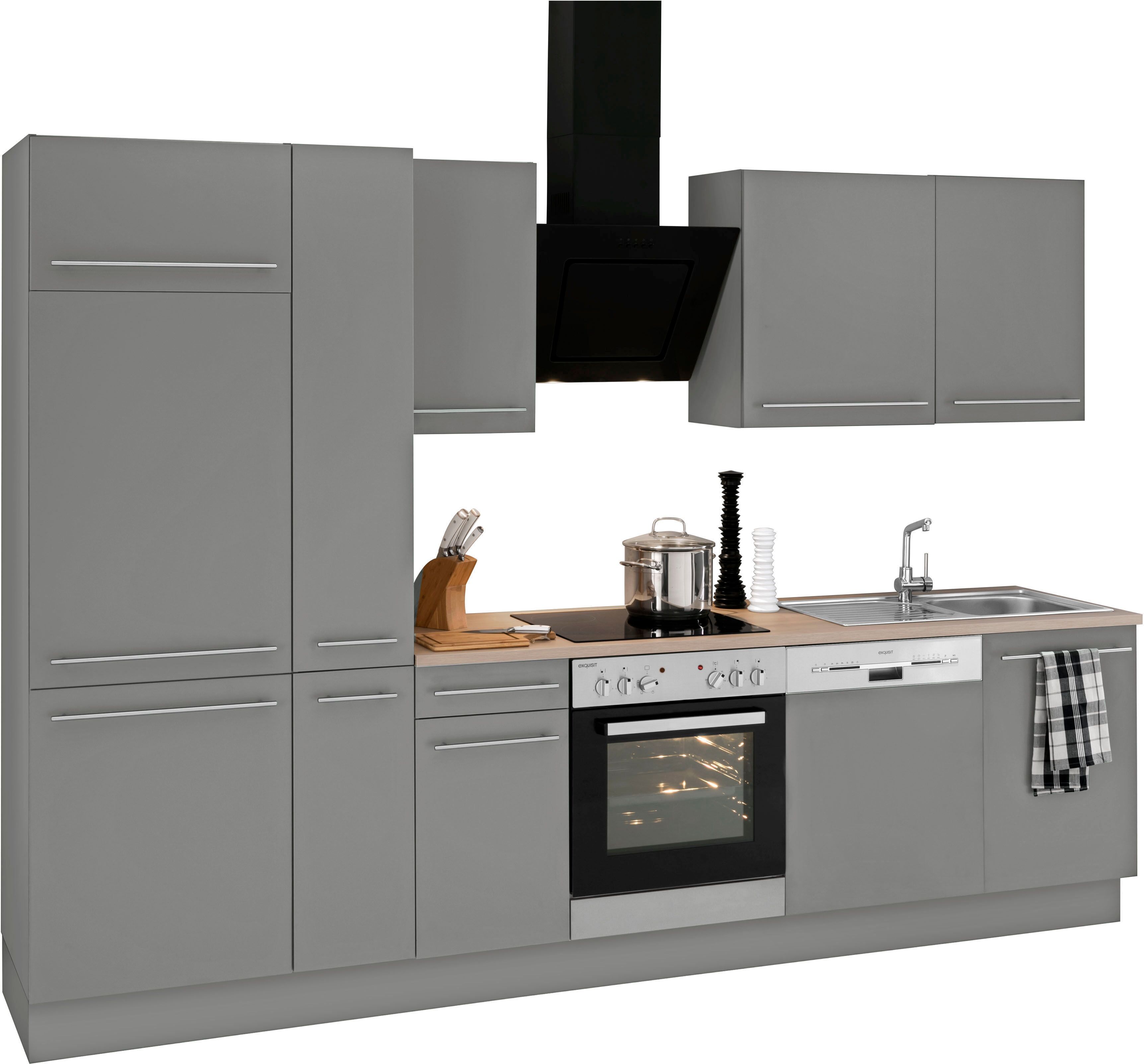 Küchenzeile OPTIFIT "Bern", grau (küche: grau, front: basaltgrau, korpus: basaltgrau, arbeitsplatte: akaziefarben), B:300cm T:60cm, Komplettküchen-Sets, Küchenzeile, Breite 300 cm, wahlweise mit E-Geräten, höhenverstellbare Füsse küche: grau, front: basal