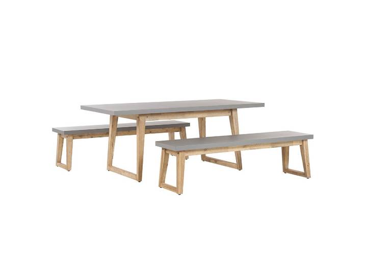 GARTENMÖBEL SET Beton/Akazienholz grau Tisch mit 2 Bänken Oria