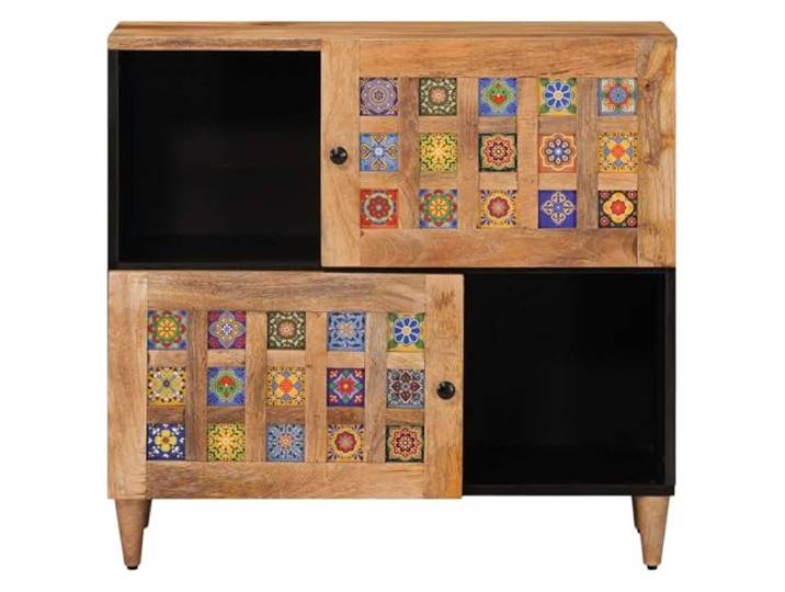 KTHLBRH Anrichte natur 80 x 33 x 75 cm Mango Massivholz 2 Scharniertüren, MDF-Rückwand, praktische Griffe, pflegeleicht, 60 kg Tragkraft