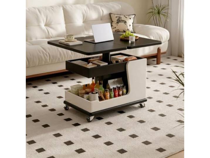 HLDJYLZS Couchtisch, Höhenverstellbarer Couchtisch, Mobiler Beistelltisch Couchtisch Höhenverstellbar, Drehbarer Couchtisch, Mobiler Beistelltisch, Stauraum, Ablage, Wohnzimmer